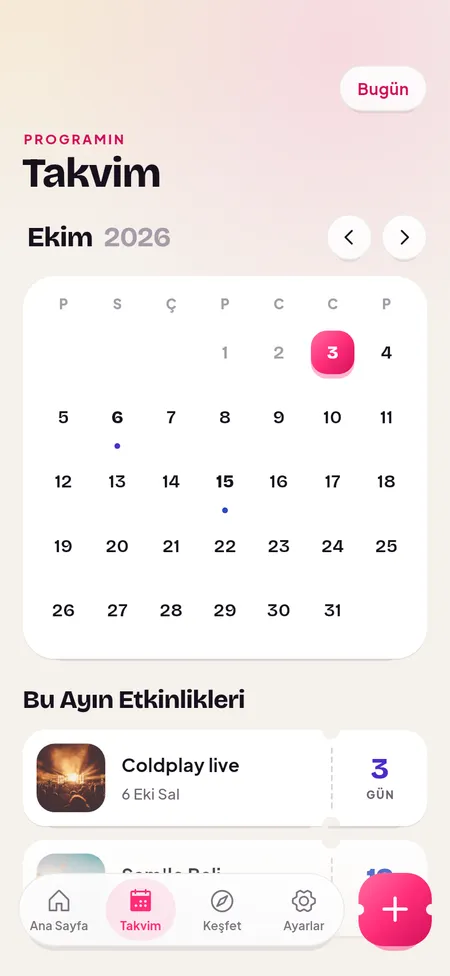 Ayın tüm etkinlikleriyle takvim