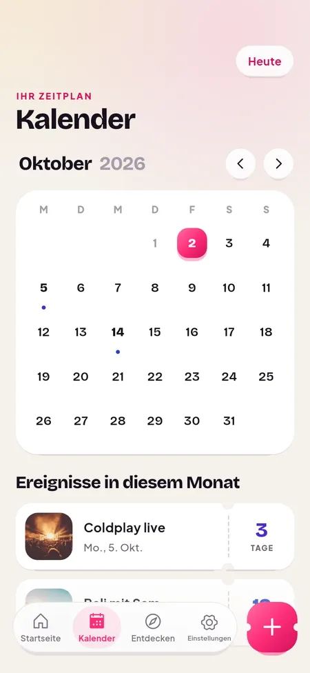 Kalender mit allen Ereignissen des Monats