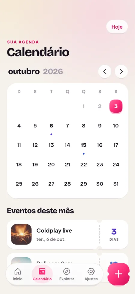 Calendário com todos os eventos do mês