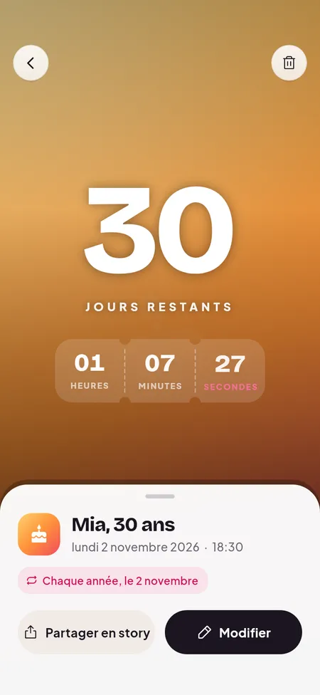 Un compte à rebours en jours, heures, minutes et secondes