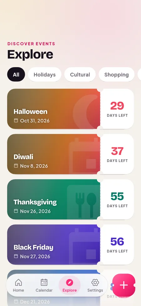 Explore holidays and add them as countdowns