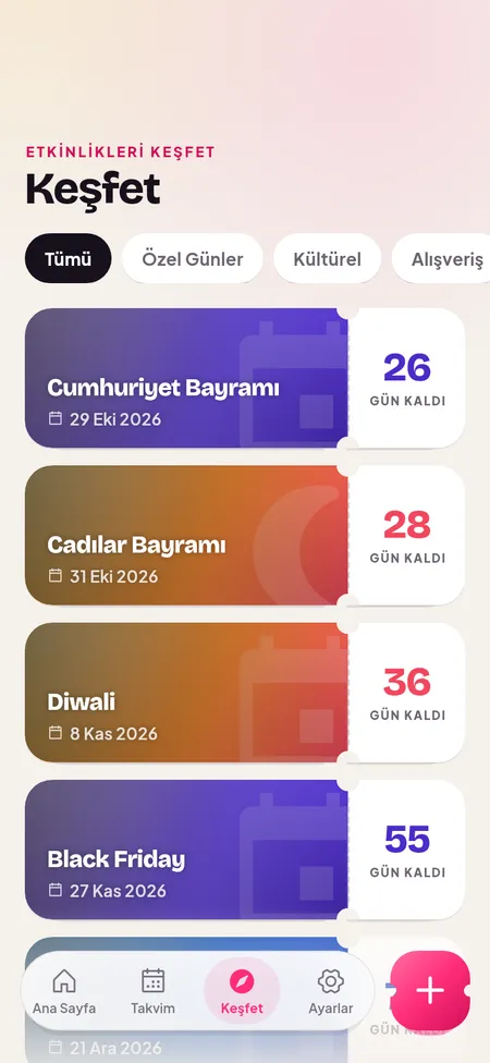 Özel günleri keşfet ve geri sayım olarak ekle