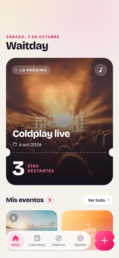 Pantalla de inicio con la próxima cuenta regresiva y todos los eventos