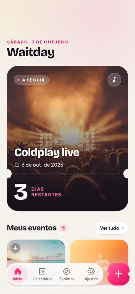 Tela inicial com a próxima contagem regressiva e todos os eventos