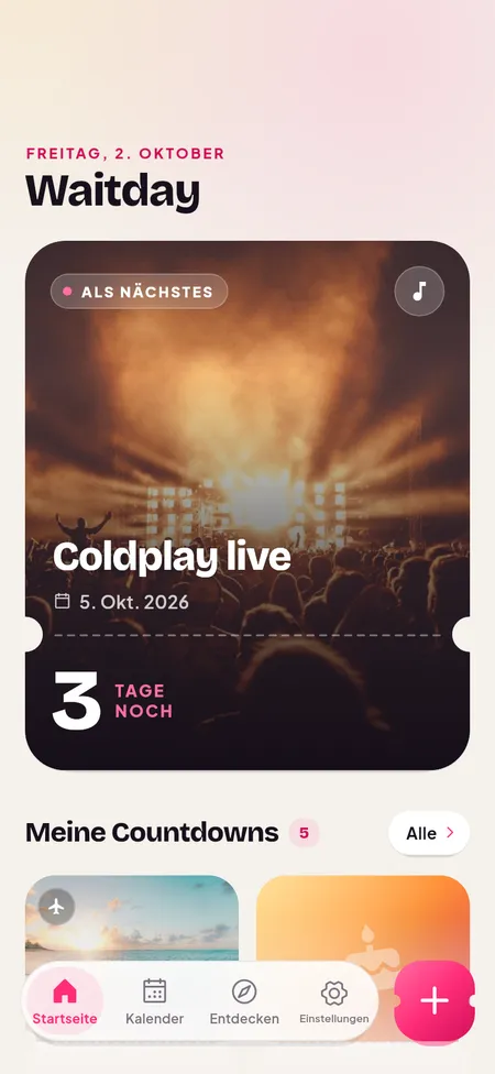 Startseite mit dem nächsten Countdown und allen kommenden Ereignissen